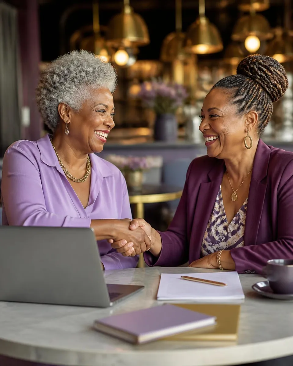Two Black women business partners in their 50s and 60s laugh and shake hands over a signed contract at a cafe table.