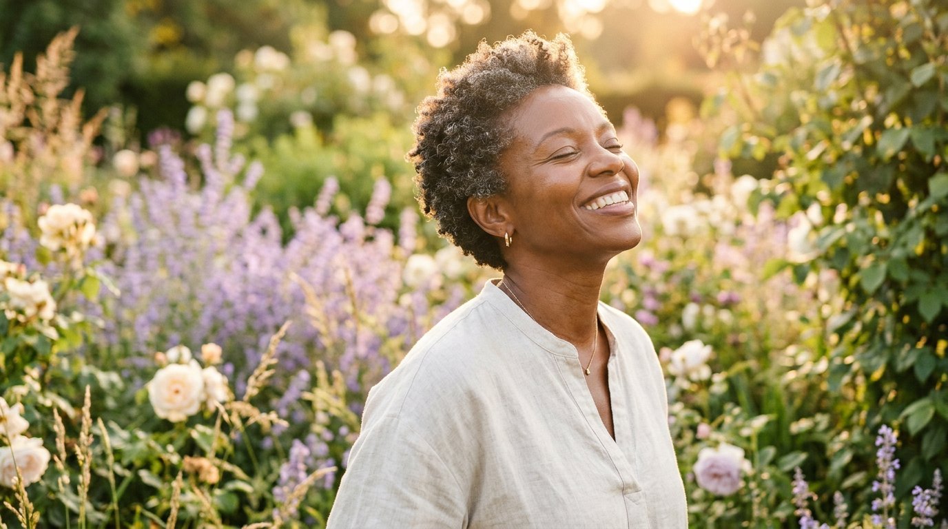 Joyful Black woman in garden with lavender flowers and golden light
