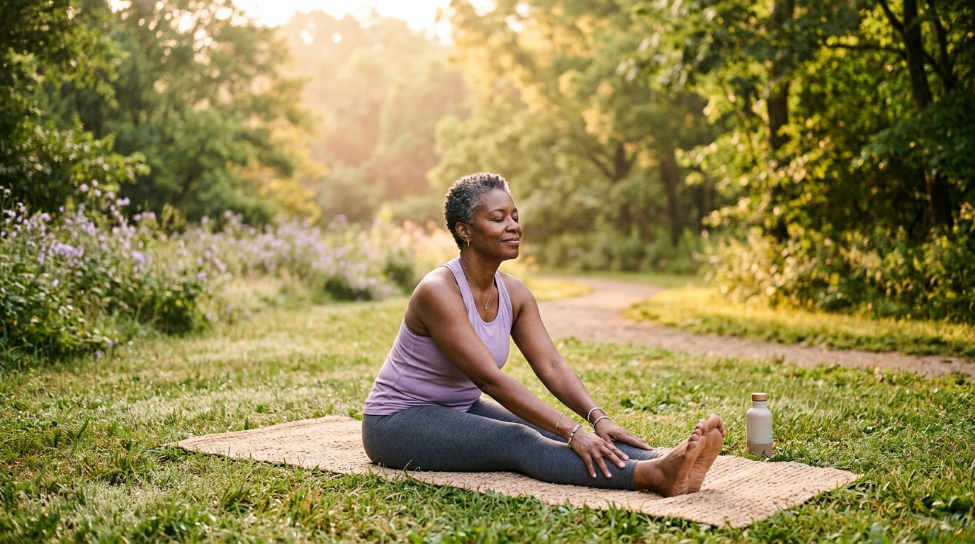 Black woman in her 50s stretching outdoors on a yoga mat in golden morning light