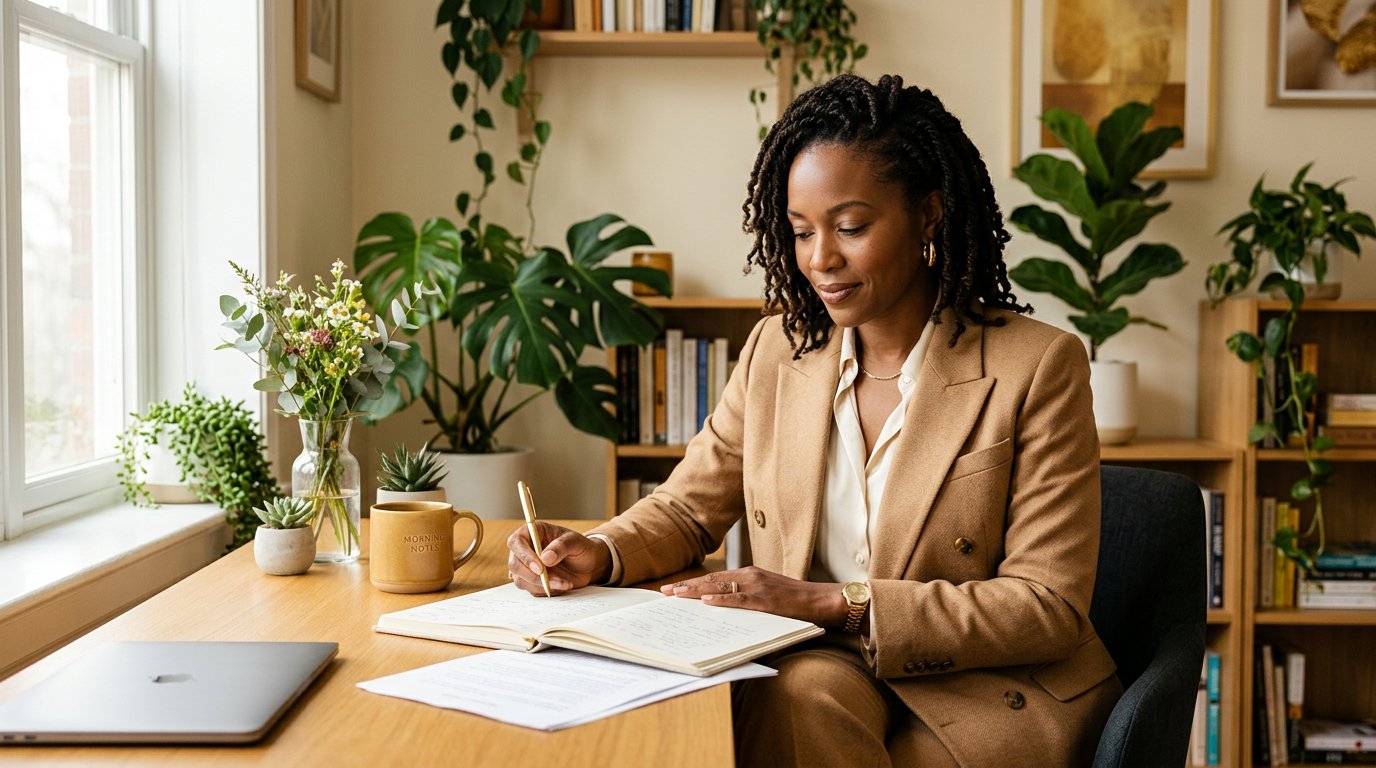 Black woman in camel suit writing in a notebook at a bright home office desk
