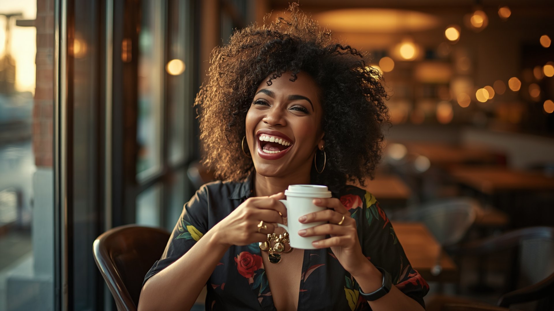 Black woman laughing joyfully at a coffee shop, golden warm light