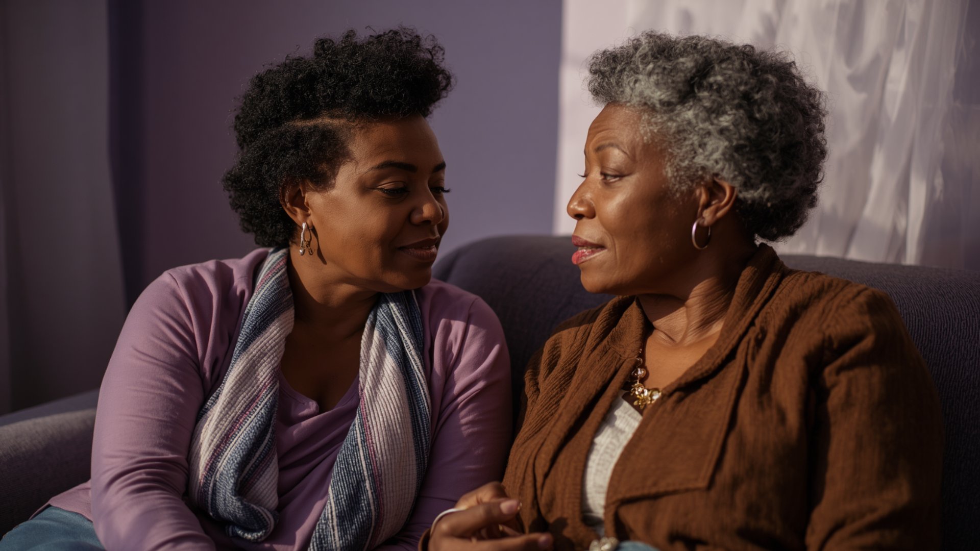 Two Black women in deep supportive conversation, lavender interior