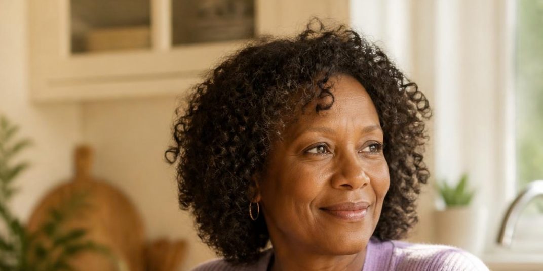 A confident Black woman in her 50s with natural curly hair smiles softly at a kitchen table, wearing a lavender cardigan.